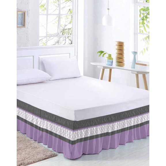 Abstract Purple Bed Skirt Queen Size 16 Inch Drop, Grey Stripes Moroccan Geometric Modern Retro Adjustable Elastic Dust Ruffles Bedskirt for Queen Bed Wrap Around Pleated Mattress Frame Cover