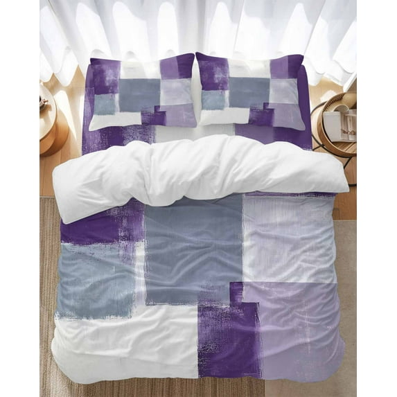 Abstract Purple Bedding Duvet Cover Set King Size 4 Pieces Gray Mottled Graffiti Color Block Modern Art Bedding Set with Zipper Closure, 1 Comforter Cover 92x106 Inches 1 Flat Sheet & 2 Pillow Cases