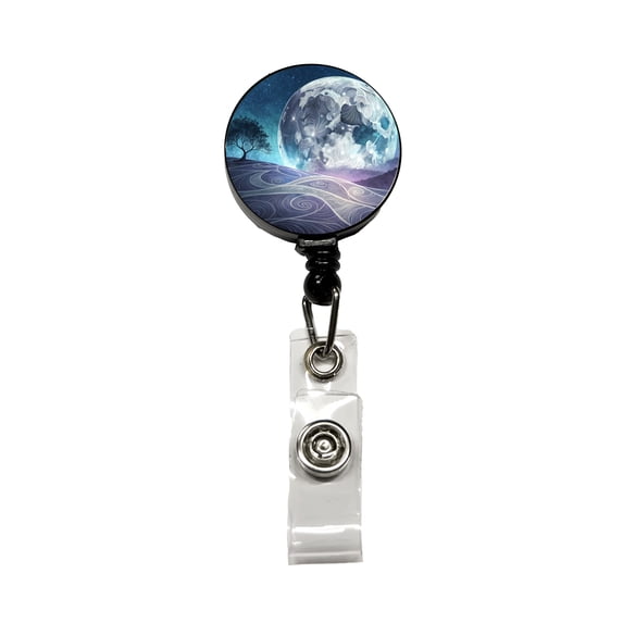 Abstract Purple Blue Moon Landscape Retractable Reel ID Badge Key Card Name Tag Holder with Clip