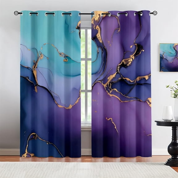 Abstract Purple Blue Render Marble Texture Eyelet Window Curtain, Gold Foil Line Art Light Filtering Drapes For Dining Room, Window Curtain Panels For Living Room Home 26"W x 84"L (Pack of 2)