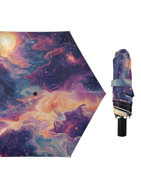 Abstract Purple Cloud Lines All Weather Umbrella Triple Folding Parasol 6 Ribs UV Protection Portable