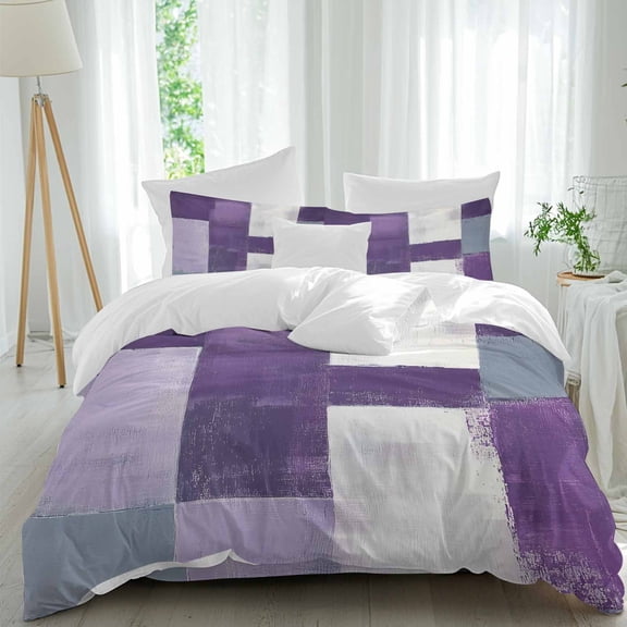 Abstract Purple Duvet Cover Set King Size, Gray Gradient Graffiti Color Block Modern Art 4 Piece Soft Microfiber Bedding Set with 1 Duvet Cover, 1 Flat Sheet, 2 Pillowcases