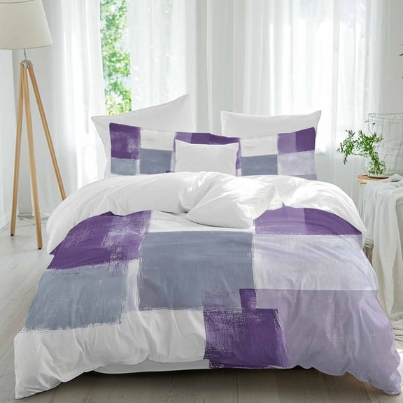 Abstract Purple Duvet Cover Set King Size, Gray Mottled Graffiti Color Block Modern Art 4 Piece Soft Microfiber Bedding Set with 1 Duvet Cover, 1 Flat Sheet, 2 Pillowcases