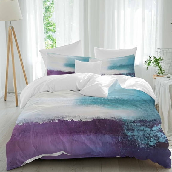 Abstract Purple Duvet Cover Set Queen Size, Teal Ombre Geometric Modern Minimalist 4 Piece Soft Microfiber Bedding Set with 1 Duvet Cover, 1 Flat Sheet, 2 Pillowcases