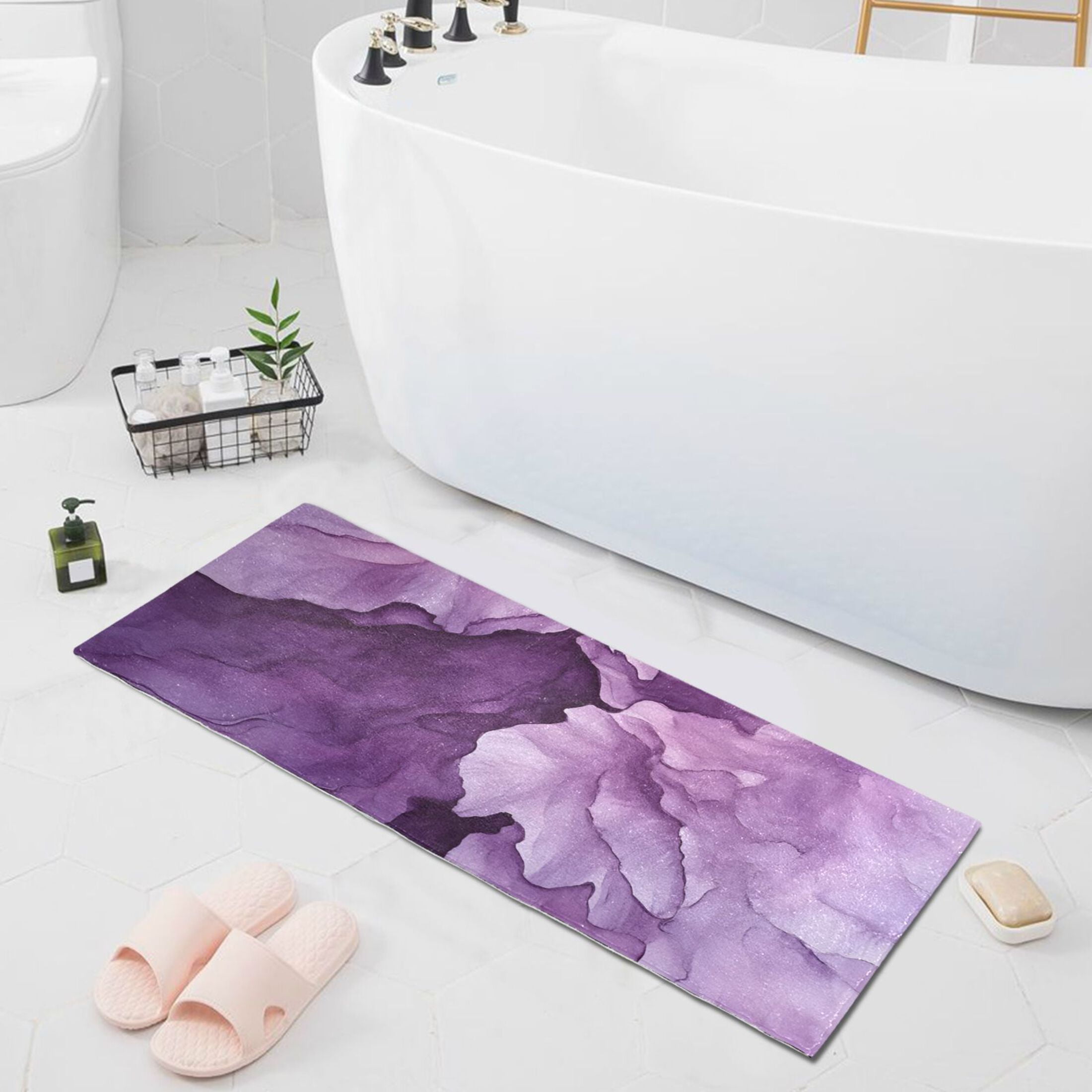 Abstract Purple Flower Bathroom Runner Rug Absorbent Non Slip Bath Mat for Living Room Kitchen 39" x 20"