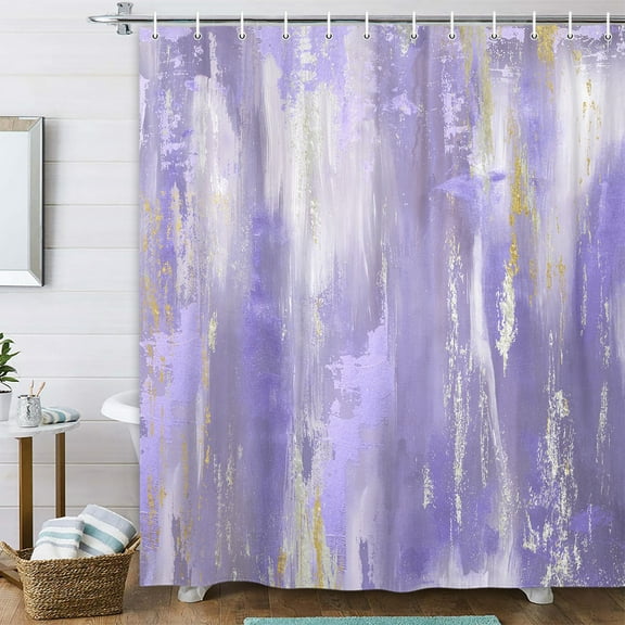 Abstract Purple Gold Shower Curtain, Modern Neutral Marble Boho Ombre Minimalist Chic Art Shower Curtain for Bathroom, Bright Violet Grey Gray Fabric Bathroom Bathtub Curtain with 12 Hooks, 47X64IN