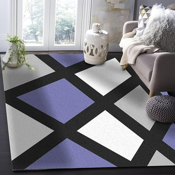 Abstract Purple Grey Geometric Area Rugs, Geometric White Square Lattice Easy Clean Rug, Soft Non-Skid Carpet Throw Rug For Kids Teen Girls Boys Bedroom Living Room Classroom 3 x 4ft