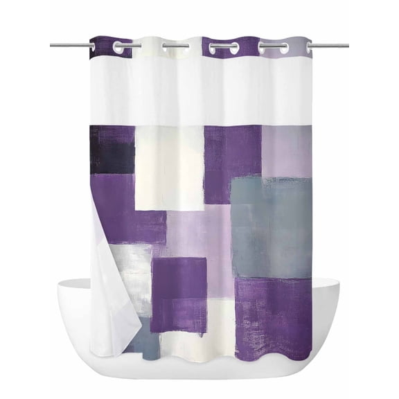 Abstract Purple No Hook Shower Curtain and Liner Set White Gray Gradient Graffiti Color Block Shower Curtains with Snap-in Liner & See Through Top Window Hotel Style for Bathroom Decor 60x72 Inch
