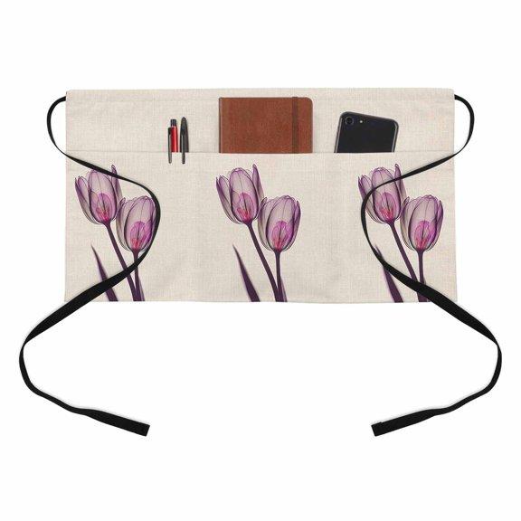 Abstract Purple Kitchen Restaurant Half Waist Apron, and Pink Tulip Ray Beige Server Short Apron with 3 Pockets Waterproof Oil Waist Aprons for Women Waitress Waiter