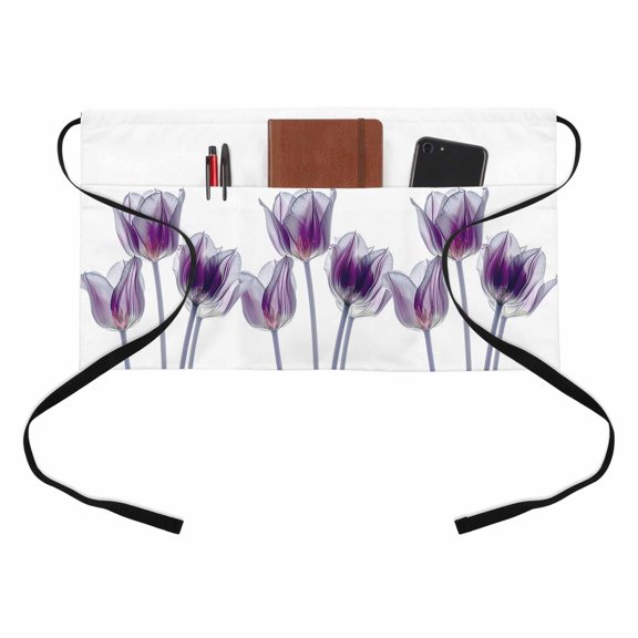 Abstract Purple Kitchen Restaurant Half Waist Apron, Tulip Ray White Texture Server Short Apron with 3 Pockets Waterproof Oil Waist Aprons for Women Waitress Waiter