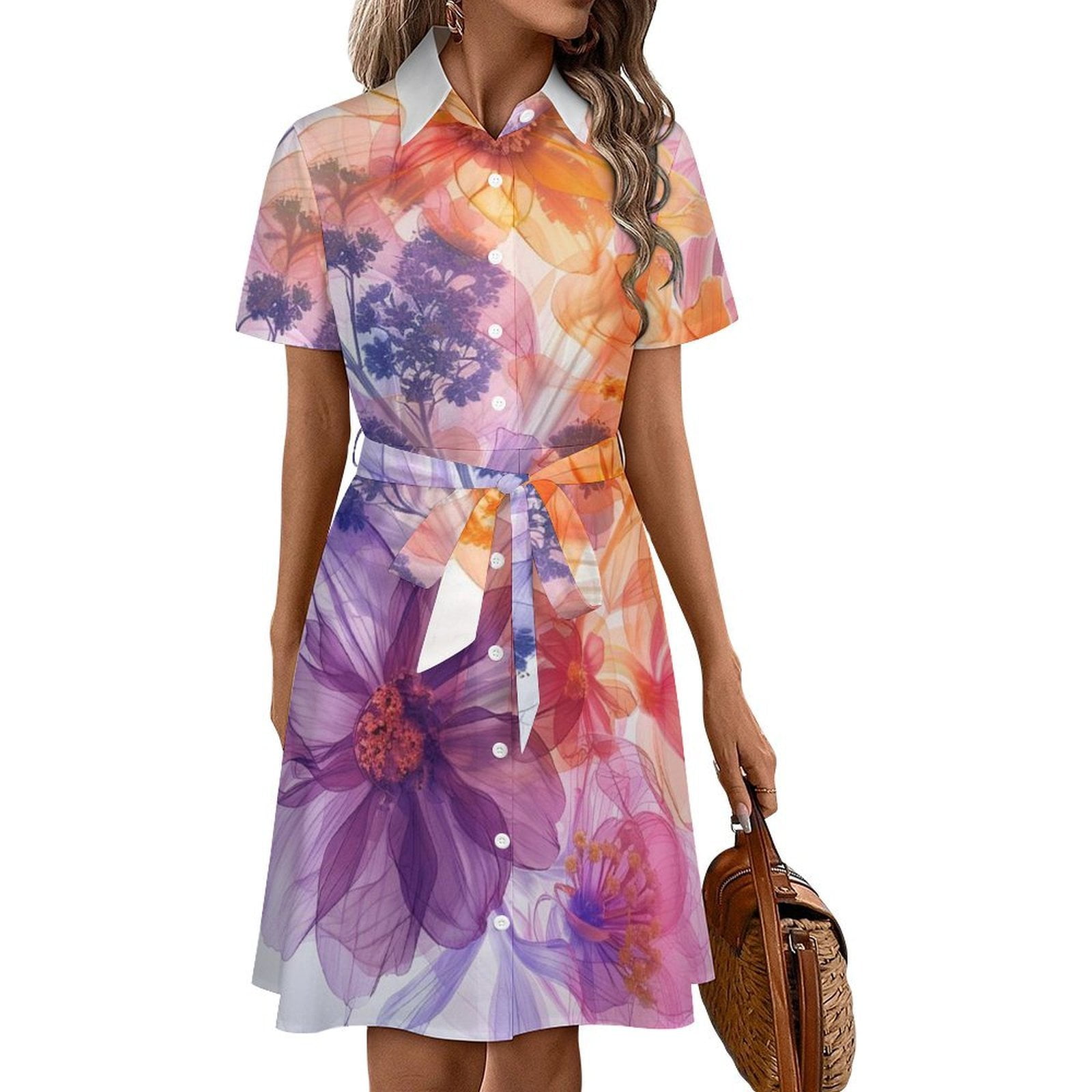Abstract Purple Orange Flowers Womens Shirt Dresses Women'S Short ...