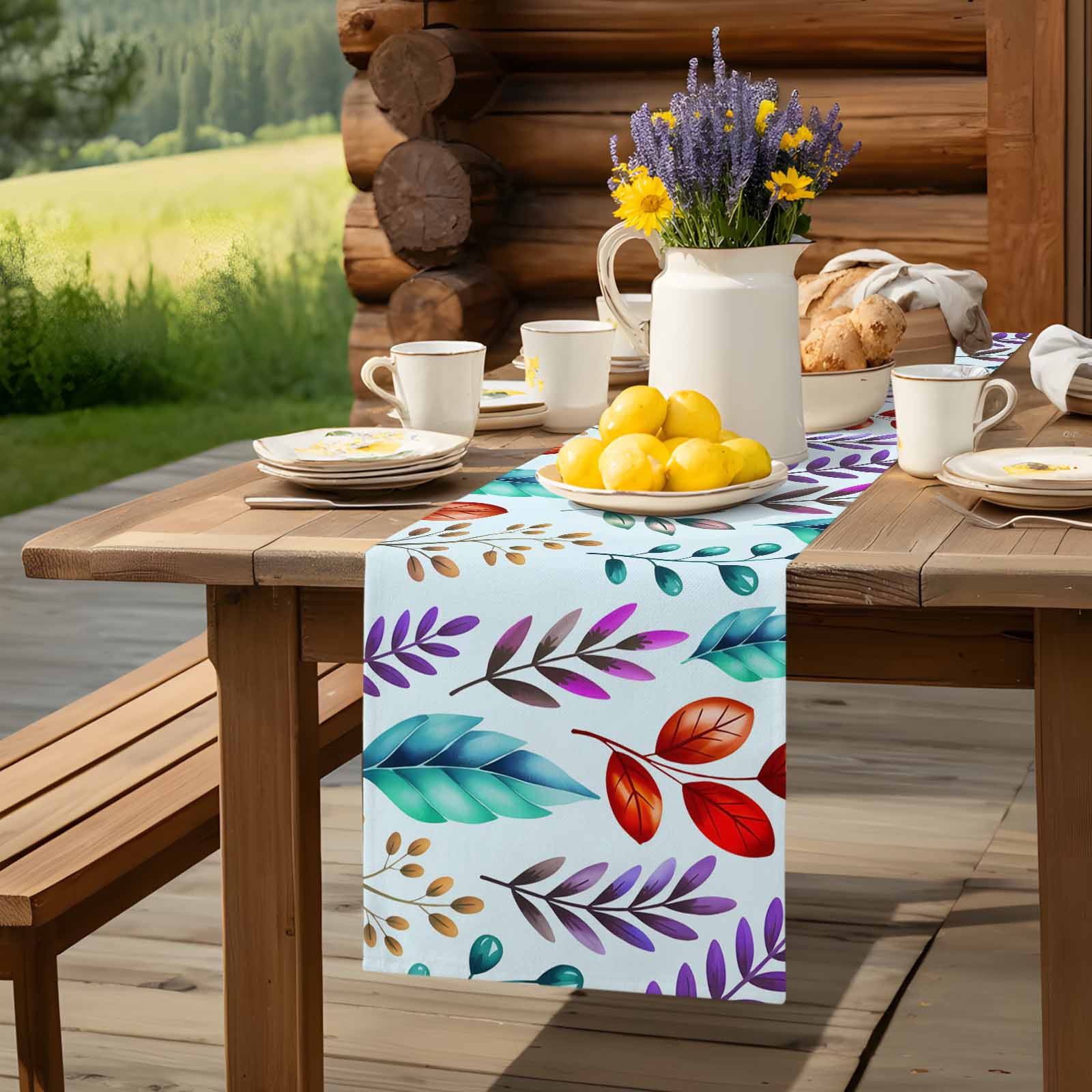 Abstract Purple Red Green Leaves on Blue Table Runner 13x48in Non-Slip ...