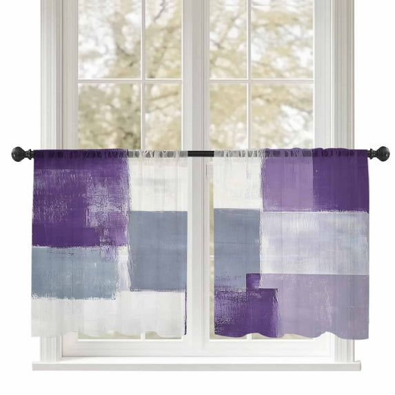 Abstract Purple Sheer Curtains 45 inches Long 2 Panels Set Gray Mottled Graffiti Color Block Modern Art Tiers Sheers Rod Pocket Small Window Short Curtains for Kitchen Cafe, Each 52" W x 45" L