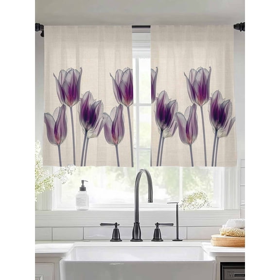 Abstract Purple Sheer Curtains 45 inches Long 2 Panels Set Tulip Ray Beige Texture Tiers Sheers Rod Pocket Small Window Short Curtains for Kitchen Cafe, Each 52" W x 45" L