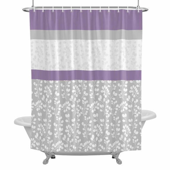 Abstract Purple Shower Curtain for Bathroom, Grey Stripes Floral Plant Modern Vintage Waterproof Cloth Fabric Bathroom Accessories Set with 12 Rust Proof Plastic Hooks, 48"x72"