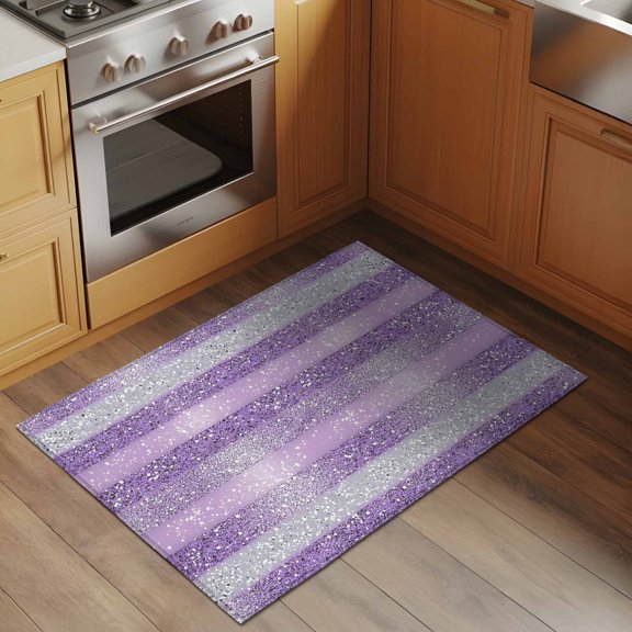 Abstract Purple Stripe 2x3 Rug for Entryway Front Door Kitchen Sink Area, White Stripes Sequins Celebration Low Pile Washable Non Slip Rectangle Area Rug