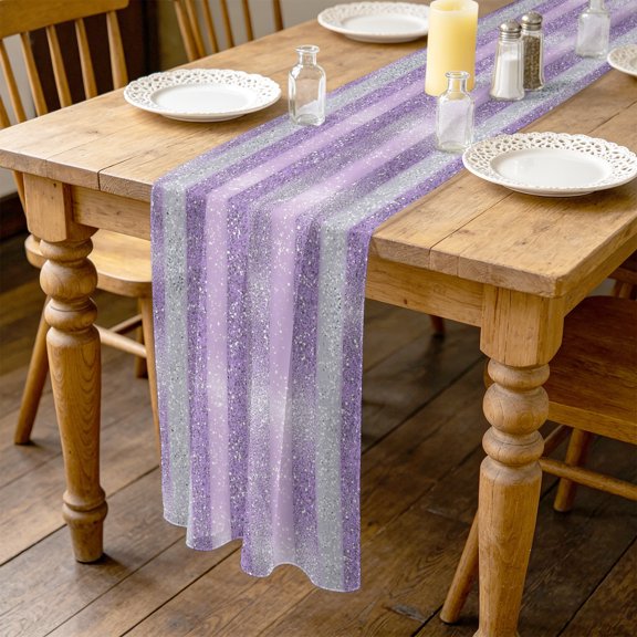 Abstract Purple Stripe 4.5ft Cheesecloth Table Runner for Dining 19"x55", White Stripes Sequins Celebration Kitchen Dinner Sheer Tulle Chiffon Dresser Scarf, Holiday Party Decorations