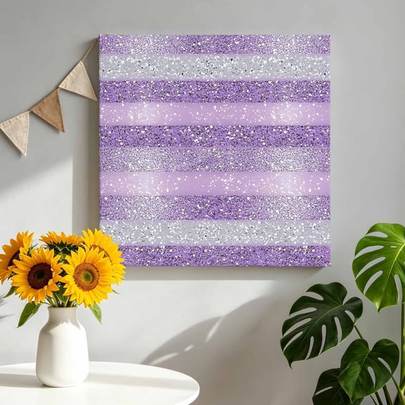 Abstract Purple Stripe Canvas Wall Art Framed Wall Decor for Living Room Bedroom Bathroom, White Stripes Sequins Celebration Canvas Pictures Ready to Hang Decor, 16"x16"