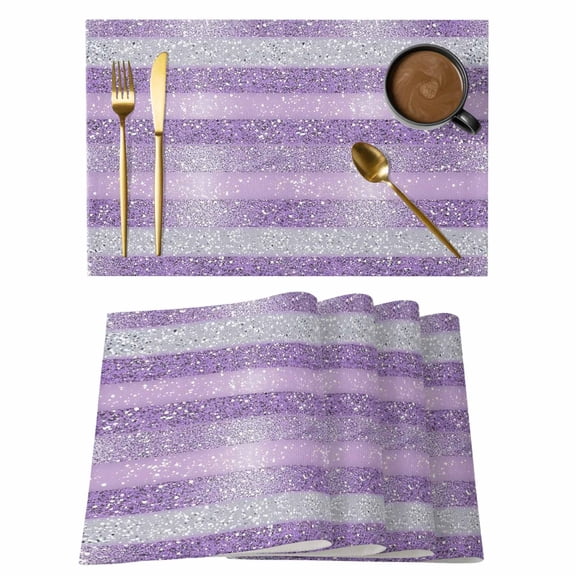 Abstract Purple Stripe Cotton Linen Placemats Set of 2, White Stripes Sequins Celebration Washable Table Place Mats Heat Insulating Placemat for Dining Room Kitchen Daily Use 13 x 19 Inch