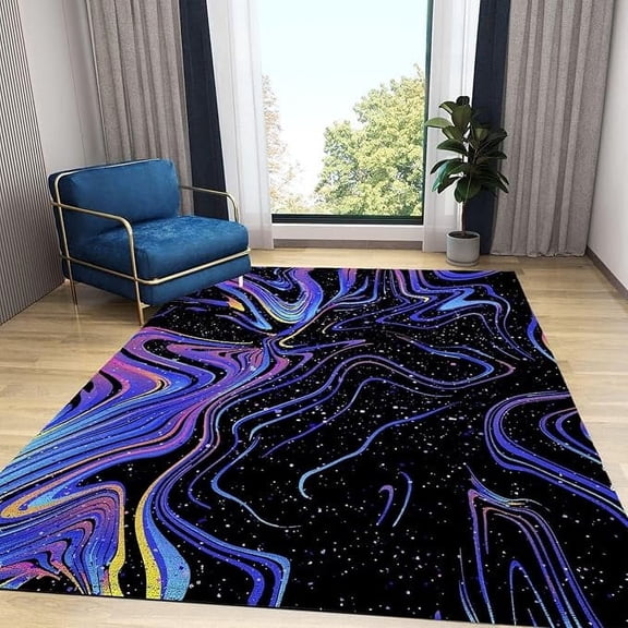 Abstract Purple Swirl Marble Area Rugs, Luxurious Gradient Black Purple Neon Texture Indoor Rug, With Anti-Slip Backing Large Carpet For Living Room Bedroom Study Dining Room 4' x 6'