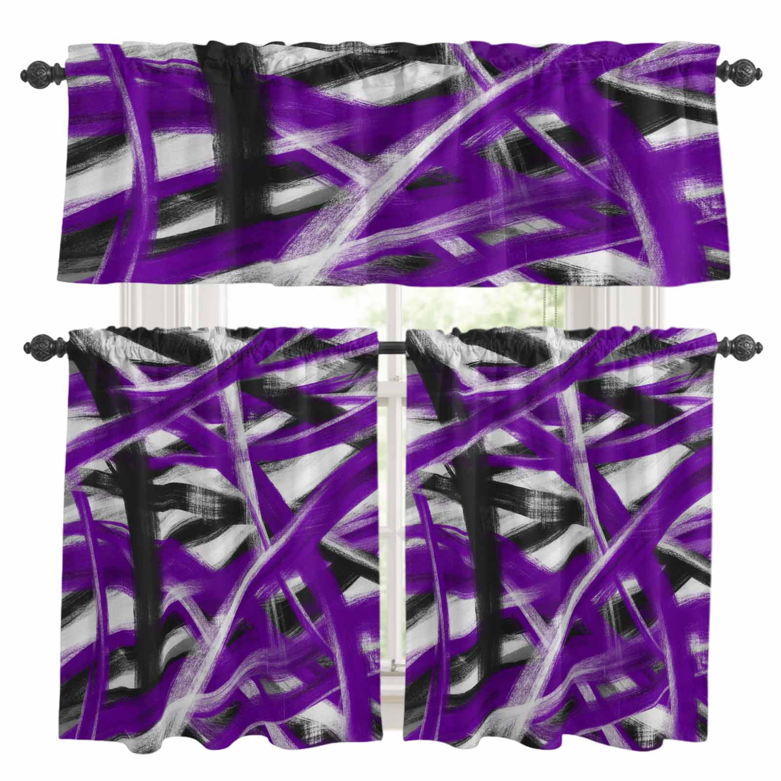 Fresh Look at Abstract Purple Waves Kitchen Curtains Set For Windows Modern