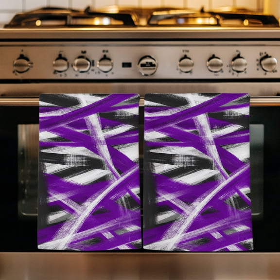 Abstract Purple Waves Kitchen Towels Set of 1, Contemporary Modern Black Striped Absorbent Dish Towels for Kitchen, Microfiber Hand Towel, Quick Drying Tea Towel for Cleaning Decorative Dishcloths