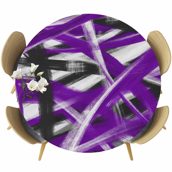 Abstract Purple Waves Round Tablecloth 36-44 Inch Round Fitted Table Cloth with Elastic Edge, Contemporary Modern Black Striped Waterproof Table Cover Protector for Outdoor Picnic Party Dining