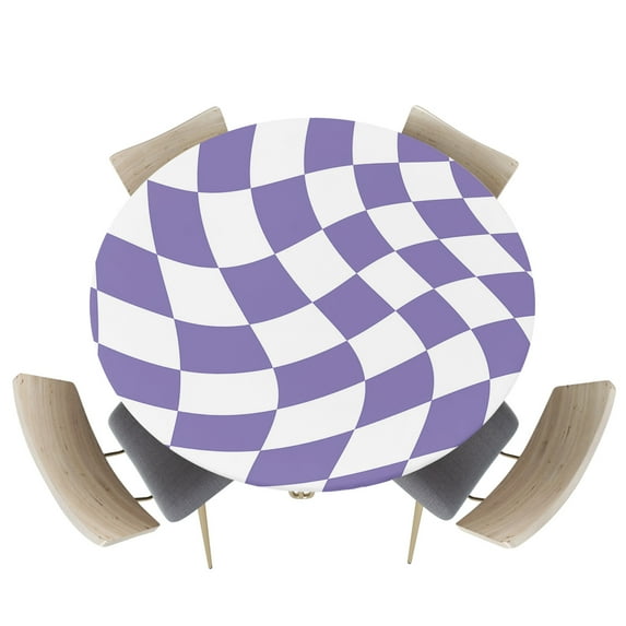 Abstract Purple White Checker Fitted Round Tablecloths Elastic Edged Table Covers 45"-54",Distortion Aesthetic Color Block Waterproof Dining Room Table Cloth for Kitchen Holiday Party Tables Decor