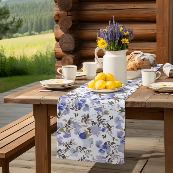 Abstract Purple Wild Flower Table Runner 13x90in Non-Slip Cotton Linen Table Runners, Summer Rustic Blossom Floral Dresser Scarves TableRunner for Dinner Kitchen Dining Wedding Party