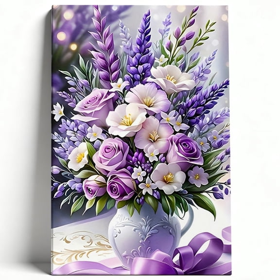 Abstract Purple Wildflowers Canvas Wall Art Elegant Lavender Bouquet Painting Rose Pitcher Vase Living Room Decor Print Ready to Hang 8*12