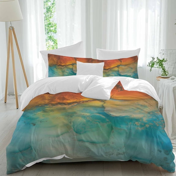 Abstract Queen Size Comforter Set, Orange Teal Green Gradient Fluid Art Oil Painting Bedding for All Seasons, 4 Pcs Bed Set, 1Quiltcover (90"x92") ,1Sheet(94"x116"), 2Pillowcases (30"x20")