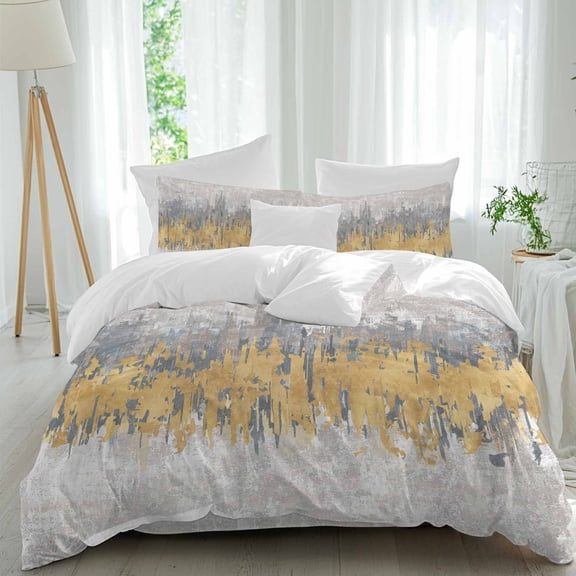Abstract Queen Size Comforter Set, Yellow Grey Graffiti Silhouette Art Modern Painting Bedding for All Seasons, 4 Pcs Bed Set, 1Quiltcover (90"x92") ,1Sheet(94"x116"), 2Pillowcases (30"x20")