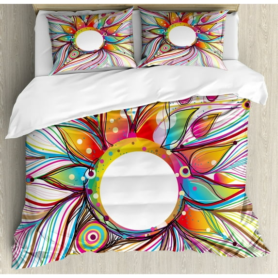 Abstract Queen Size Duvet Cover Set, Absurd Vector Smoky Wavy Floral Design with Rainbow alike Stripes and Lines Print, Decorative 3 Piece Bedding Set with 2 Pillow Shams, Multicolor, by Ambesonne