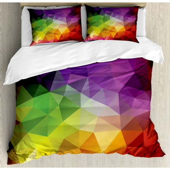 Abstract Queen Size Duvet Cover Set, Colorful Abstract Geometric Shapes with Triangular Polygons Creative Artistic, Decorative 3 Piece Bedding Set with 2 Pillow Shams, Multicolor, by Ambesonne