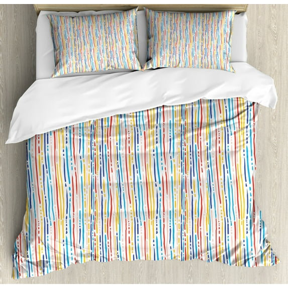 Abstract Queen Size Duvet Cover Set, Colorful Modern Artwork with Vertical Stripes and Dashed Lines on White Background, Decorative 3 Piece Bedding Set with 2 Pillow Shams, Multicolor, by Ambesonne