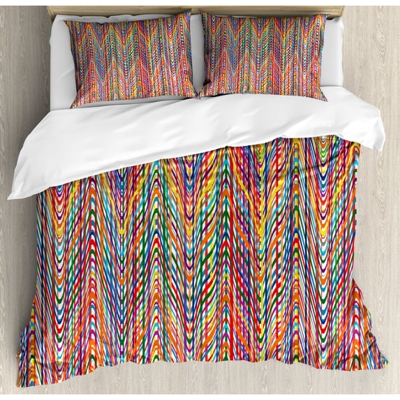 Abstract Queen Size Duvet Cover Set, Colorful Zigzag Pattern with Mixed Contrast Messy Tone Lines Modern Stripes Image, Decorative 3 Piece Bedding Set with 2 Pillow Shams, Multicolor, by Ambesonne