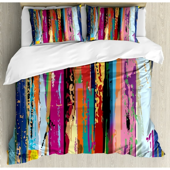 Abstract Queen Size Duvet Cover Set, Multicolored Expressionist Work of Art Vibrant Rainbow Design Tainted Pattern, Decorative 3 Piece Bedding Set with 2 Pillow Shams, Multicolor, by Ambesonne