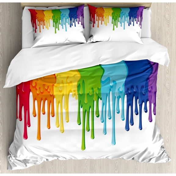 Abstract Queen Size Duvet Cover Set, Rainbow Colored Paint with Leaking Splattered Drops Creative Artsy Graphic Design, Decorative 3 Piece Bedding Set with 2 Pillow Shams, Multicolor, by Ambesonne