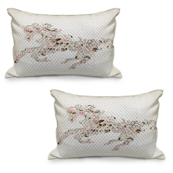Abstract Quilted Pillowcover Set of 2, Abstract Floral Horse Flower Leaf Ornamental Paisley Pattern Swirl Art, Standard Queen Size Pillow Cover for Bedroom, 36" x 20", Green Brown Pink, by Ambesonne