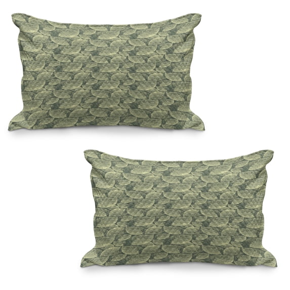 Abstract Quilted Pillowcover Set of 2, Autumn Leaves Hand Drawn Art Style Foliage Pale Toned Design Vintage, Standard Queen Size Pillow Cover Bedroom, 30" x 20", Reseda Green Pale Green, by Ambesonne