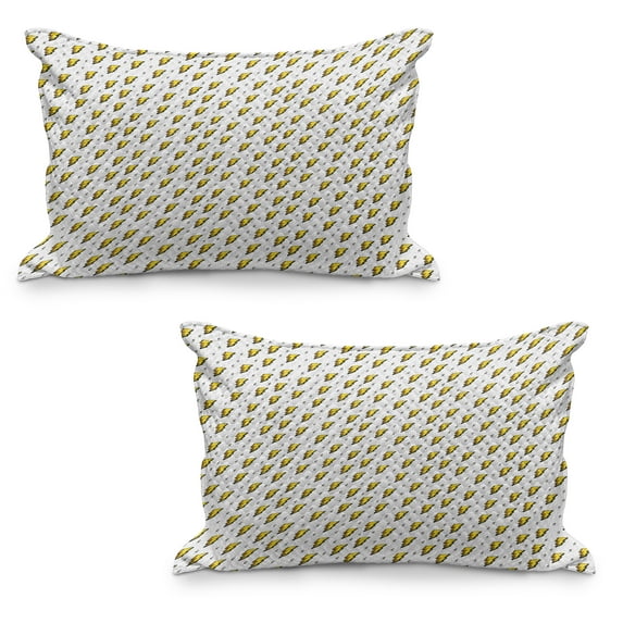 Abstract Quilted Pillowcover Set of 2, Vintage Eighties Thunder Bolts on Notebook Page Background Funky Retro, Standard Queen Size Pillow Cover for Bedroom, 36" x 20", Yellow Black White, by Ambesonne