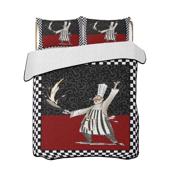 Abstract Quilts Bedding Set King Size Cartoon Style Chef White Black Checkered Border Lightweight Quilted Bedspread 3 Piece Bed Quilt with 2 Pillow Shams All Season for Bedroom 90" x 96"
