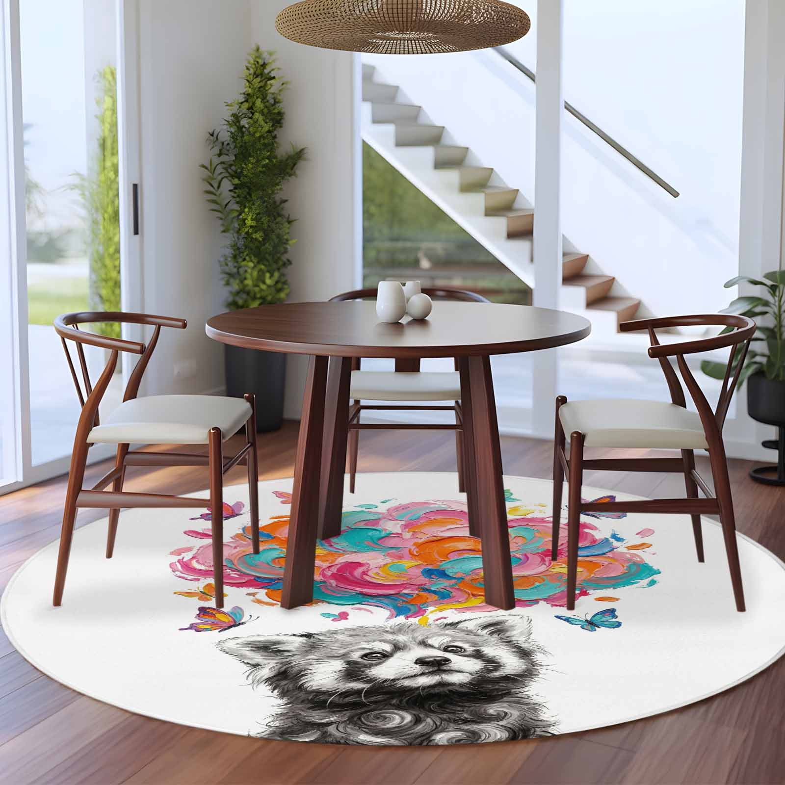 Abstract Raccoon 5ft Round Rug for Dining Table for 4 People Under ...