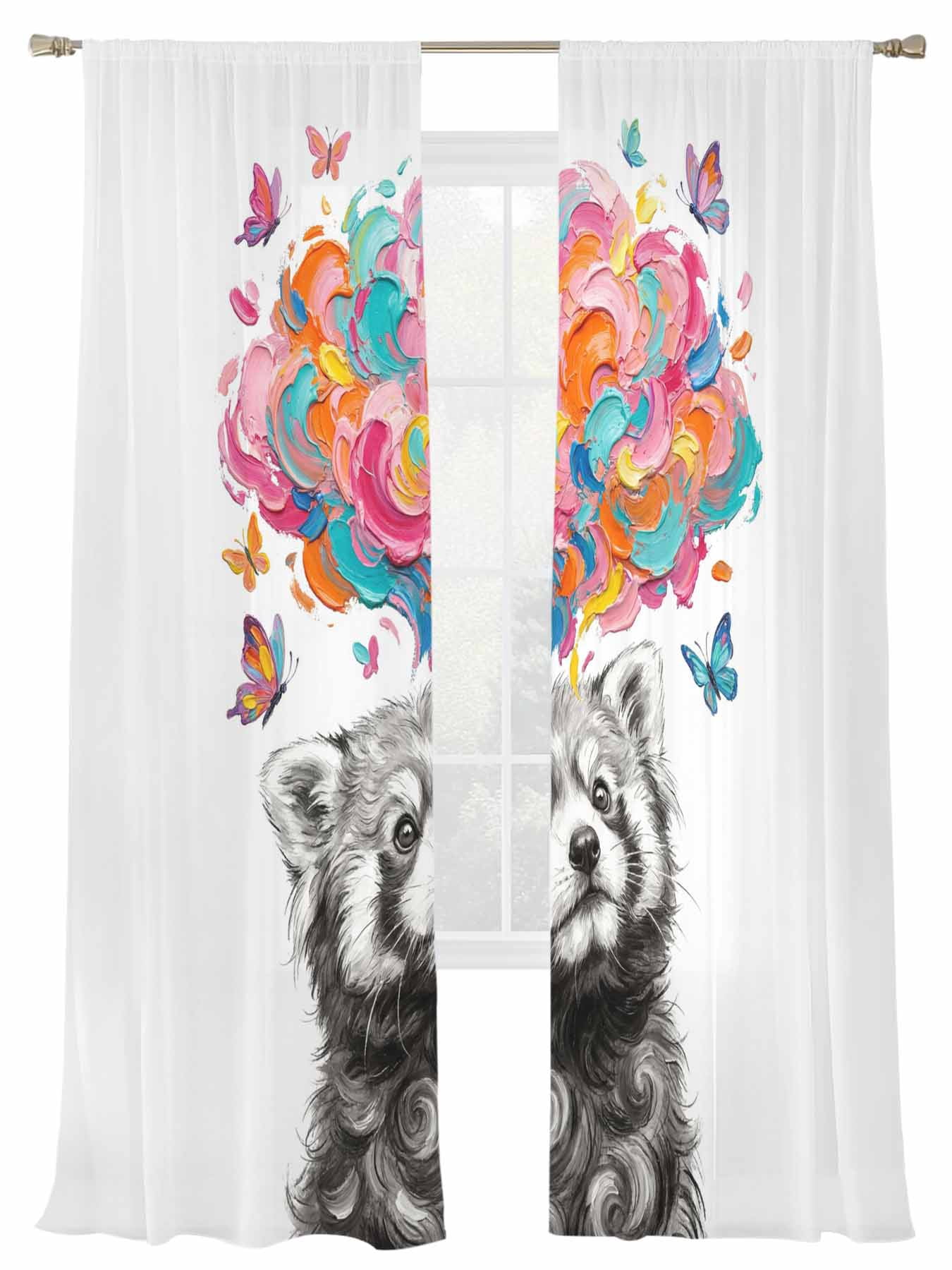 Abstract Raccoon Sheer Curtains 2 Panels Set Colored Heart Paint Red ...