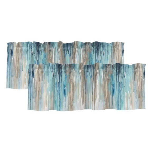 Abstract Rain 2 Panels Kitchen Valance, Modern Teal Beige Blue Ocean Waves Water Drops Curtains Valances for Small Windows Rod Pocket Window Treatments for Living Room Bedroom 42"W x 12"L