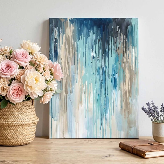 Abstract Rain Canvas Wall Art for Living Room, Modern Teal Beige Blue Ocean Waves Water Drops Poster Print Painting for Bedroom Office Home Decoration Wall Pictures Prepare To Hang 8"x10"
