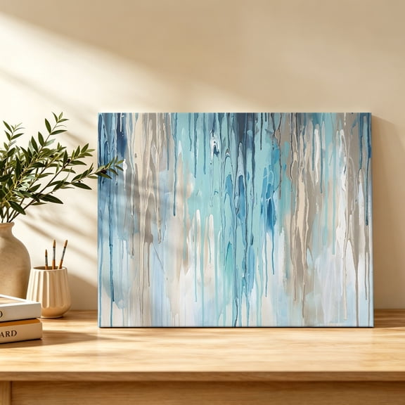Abstract Rain Canvas Wall Art, Modern Teal Beige Blue Ocean Waves Water Drops Wall Art Prints Artwork Framed Canvas Ready to Hang Art Pictures for Bathroom Bedroom Entry Desk Corner 10" x 8"