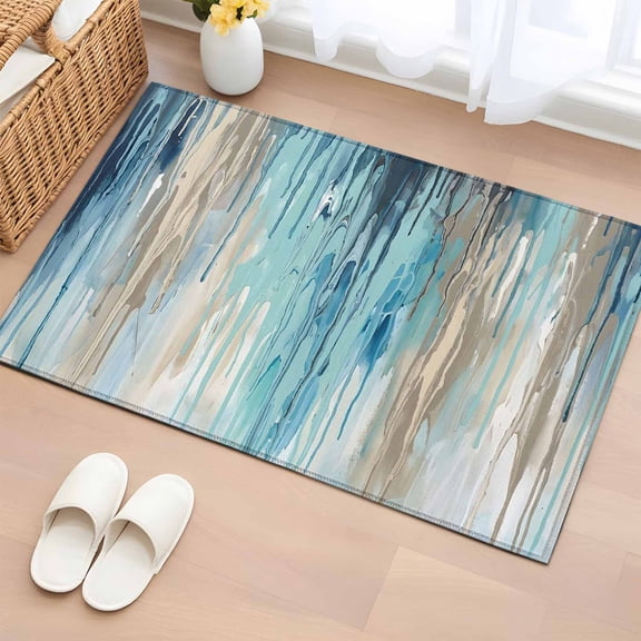 Abstract Rain Entryway Rug 2'x3' Modern Teal Beige Blue Ocean Waves Water Drops Small Area Rug Non-Slip Front Door Mat Washable Floor Carpet for Indoor Entrance Kitchen Bathroom