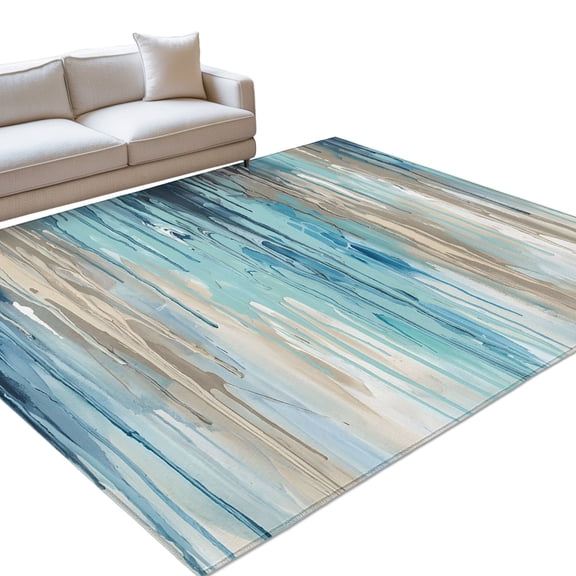 Abstract Rain Large Area Rugs 6x9ft Modern Teal Beige Blue Ocean Waves Water Drops Washable Rug, Non Slip Indoor Carpet Absorbent Floor Mat for Living Room Bedroom Dining Room