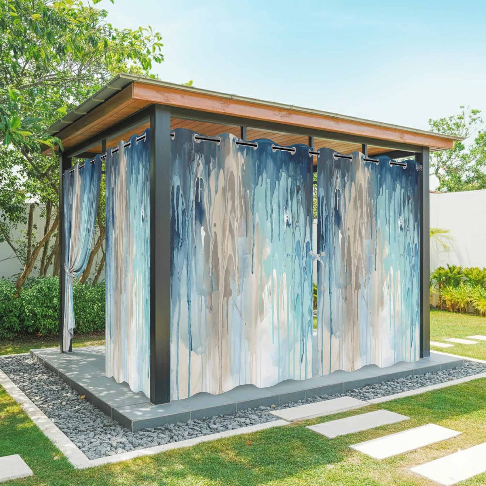 Abstract Rain Outdoor Curtains for Patio, Modern Teal Beige Blue Ocean Waves Water Drops Sunshade Privacy Drapes Grommet Waterproof Outside Curtains for Porch/Cabana/Balcony 54"x 108", 1 Panel